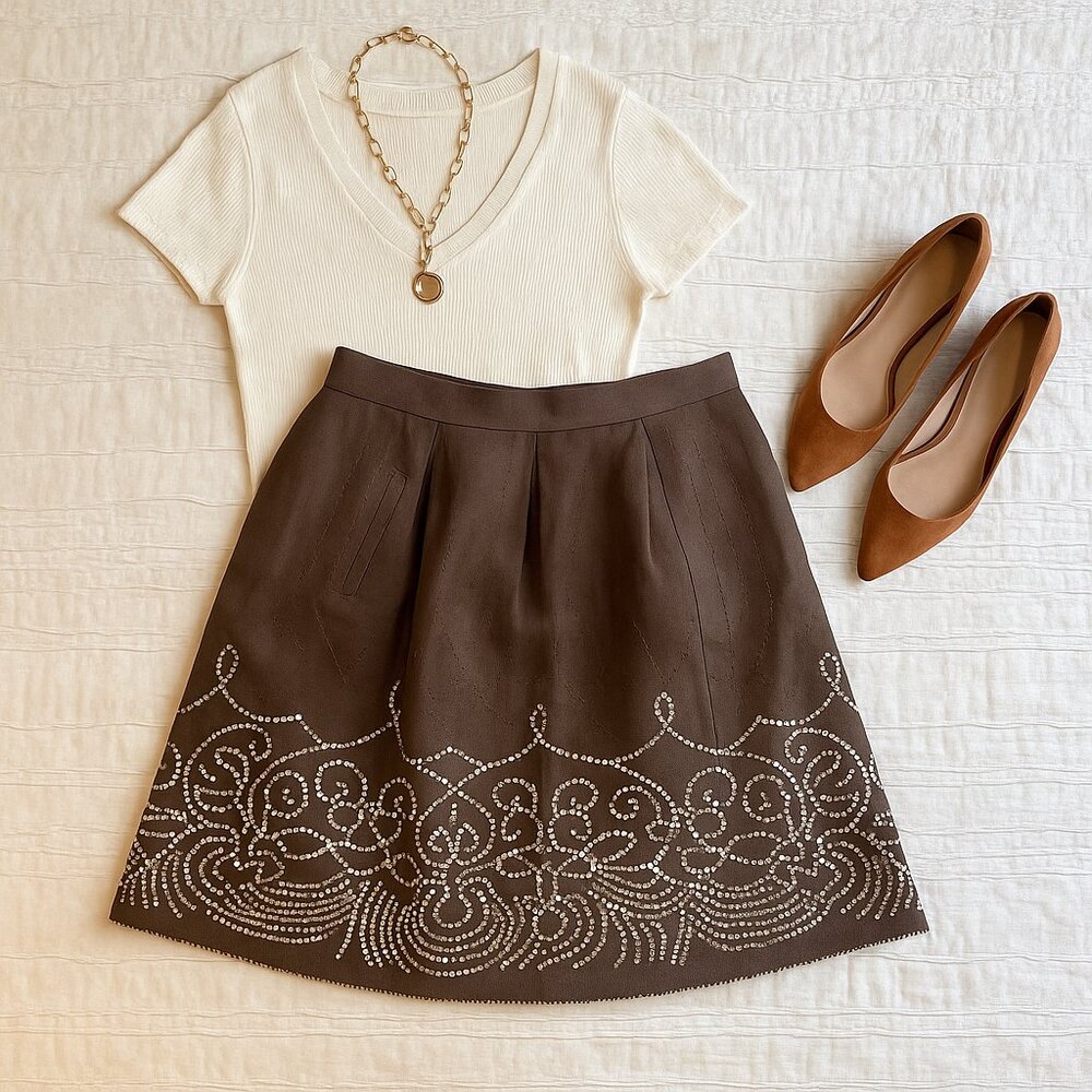 Elie Tahari Brown Linen Skirt with Embroidered Hem 6 - Picture 9 of 9